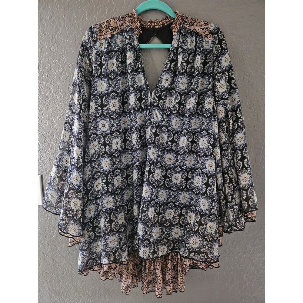 NWT Free People Gabi Tunic Blouse Black Floral Print Bell Sleeve Boho Ruffle Top
